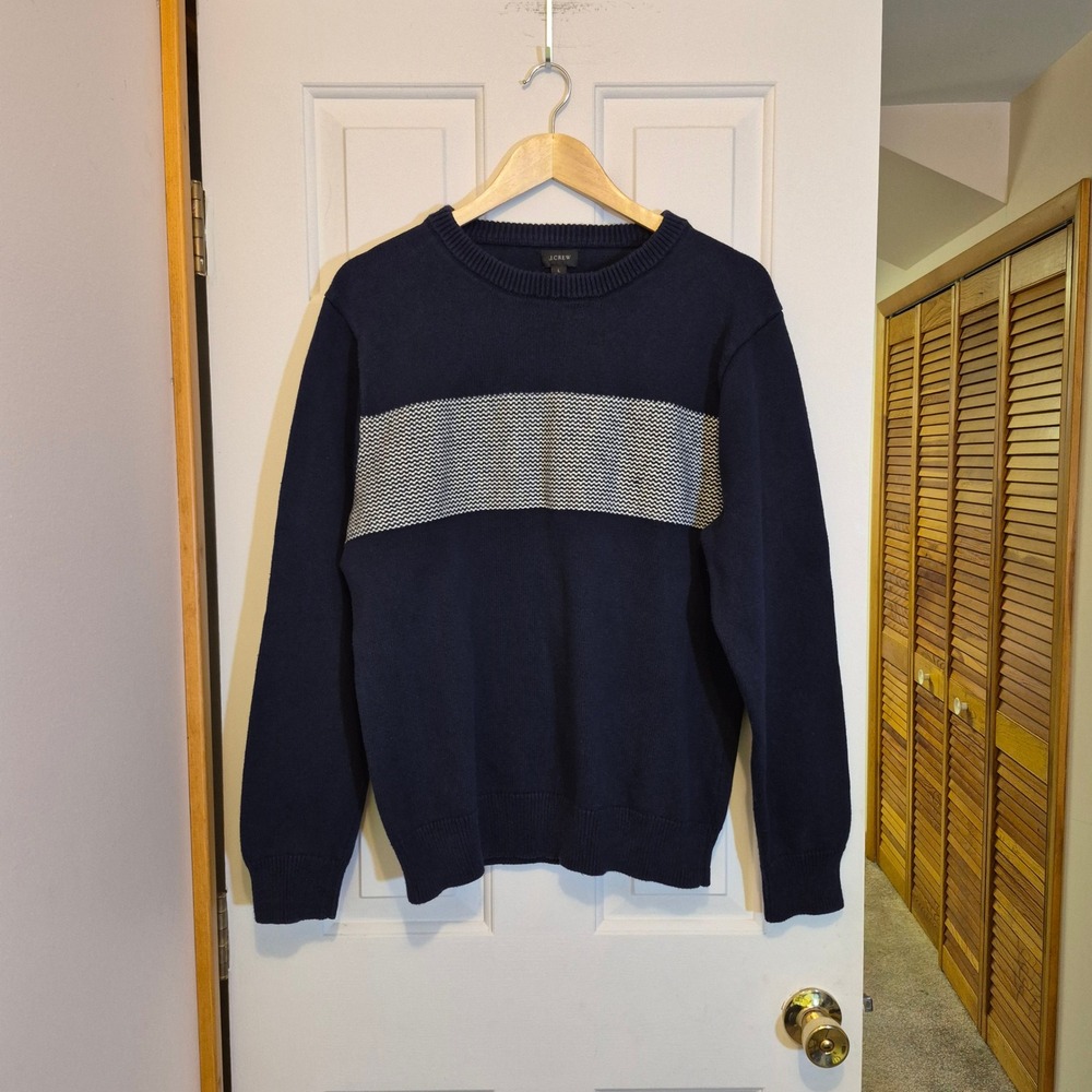 J.Crew Mens Large Navy Blue Cotton Crewneck Sweater White Chest Stripe Knit L